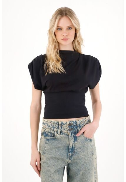 Tennis Camiseta Con Drapeado En Hombros Negra Para Mujer