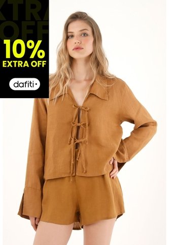Tennis Camisa En 100% Lino Con Tiras Que Anudan En Frente Café Para Mujer Tennis