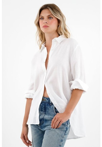 Tennis Camisa 100% Lino Manga Larga Blanca Para Mujer