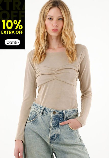 Camiseta Brillante Manga Larga Café Para Mujer