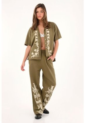 Pantalón Verde Recto Estampado En Bota Para Mujer