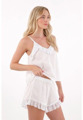 Tennis Pijama De Short Con Detalles De Encaje Blanca Para Mujer