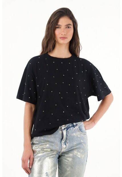 Tennis Camiseta Negra Con Apliques Decorativos Para Mujer