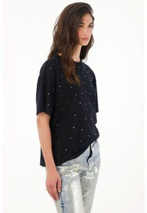 Tennis Camiseta Negra Con Apliques Decorativos Para Mujer