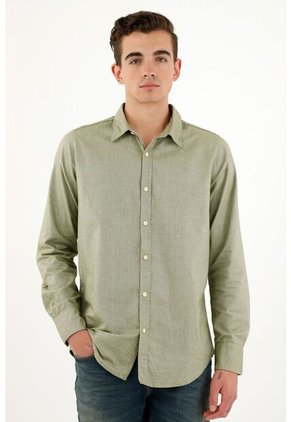 Camisa Cuello Francés Verde Para Hombre