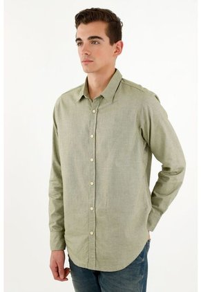 Camisa Cuello Francés Verde Para Hombre
