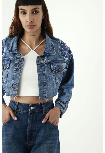 Chaqueta Azul Con Apliques Para Mujer