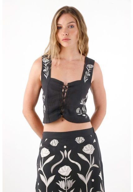 Camisa Tipo Corsé En Lino 100% Negra Para Mujer