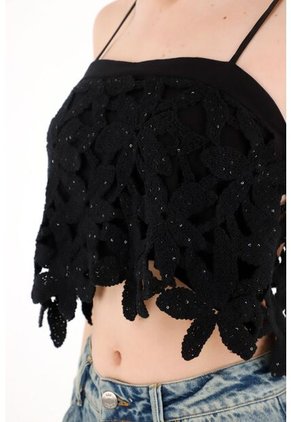 Tennis Camisa Crop Con Bordado De Flores Negra Para Mujer