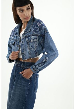 Chaqueta Azul Con Apliques Para Mujer