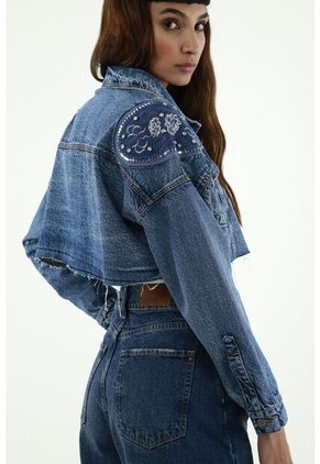 Chaqueta Azul Con Apliques Para Mujer