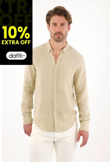 Camisa En 100% Lino Manga Larga Verde Para Hombre