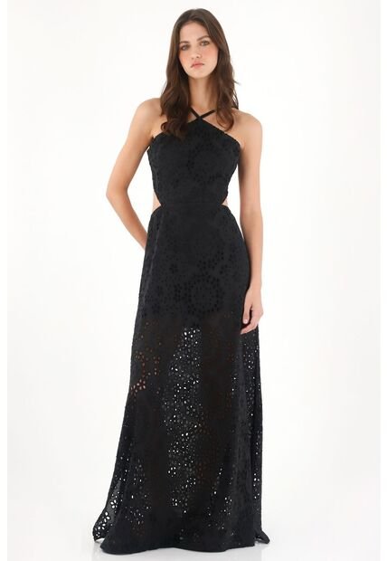 Tennis Vestido Largo De Cuello Halter En Tela Ojalillo Negro Para Mujer