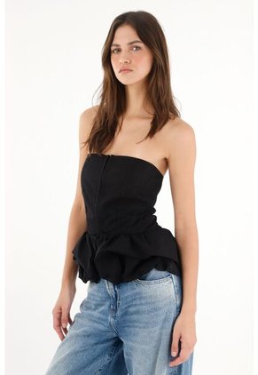 Tennis Camisa Strapless Con Corte Abombachado Negra Para Mujer