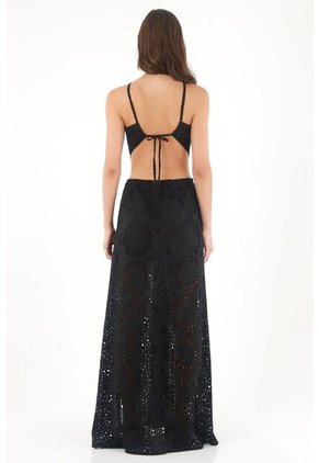 Tennis Vestido Largo De Cuello Halter En Tela Ojalillo Negro Para Mujer