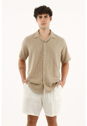 Camisa Café Tipo Bowling Manga Corta Para Hombre