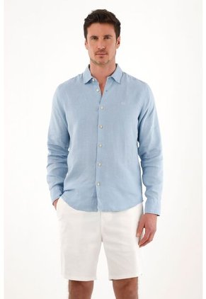 Tennis Camisa En 100% Lino De Manga Larga Azul Para Hombre