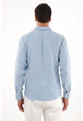 Tennis Camisa En 100% Lino De Manga Larga Azul Para Hombre