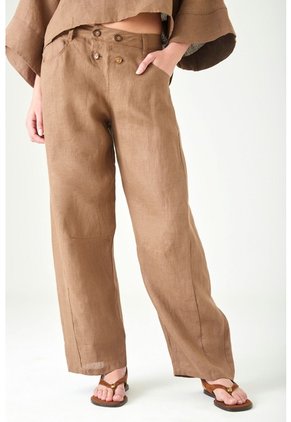 Tennis Pantalón Wide Leg Con Doble Botonadura De Lino Color Tierra Para Mujer
