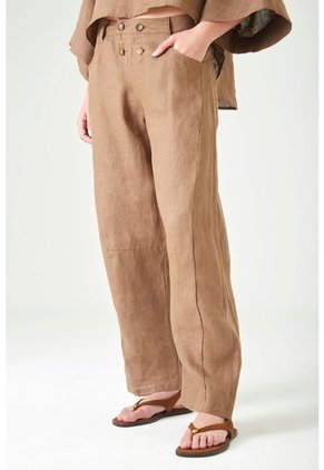 Tennis Pantalón Wide Leg Con Doble Botonadura De Lino Color Tierra Para Mujer