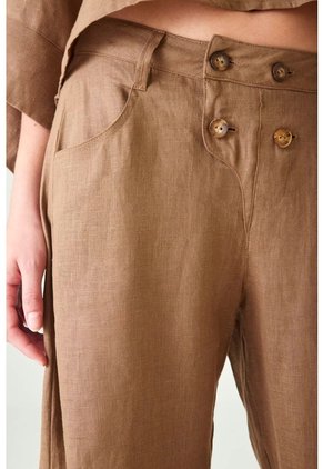 Tennis Pantalón Wide Leg Con Doble Botonadura De Lino Color Tierra Para Mujer
