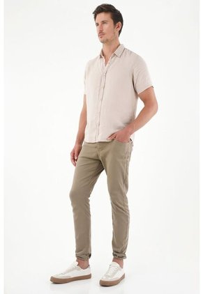 Tennis Camisa En 100% Lino Manga Corta Café Para Hombre