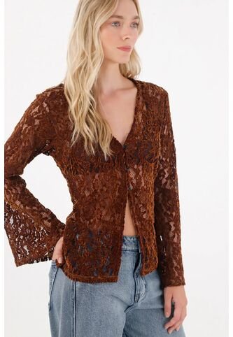 Tennis Camisa Manga Larga Acampanada De Encaje Café Para Mujer Tennis