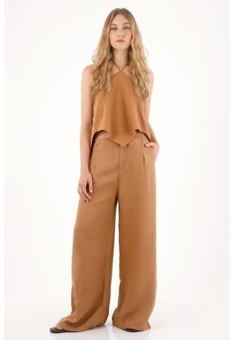 Tennis Pantalón Wide Leg En 100% Lino Café Con Textura Lisa Para Mujer Tennis