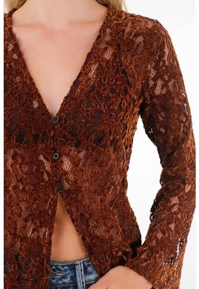 Tennis Camisa Manga Larga Acampanada De Encaje Café Para Mujer