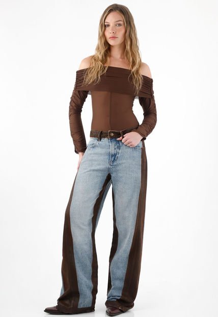 Jean Wide Leg Con Bloques En Efecto Cuero Para Mujer