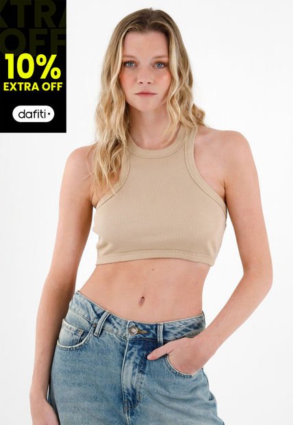 Crop Top En Rib Café Para Mujer