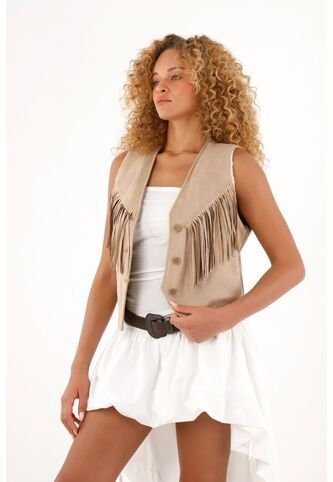 Chaleco En Suede Con Flecos Y Ovejero Para Mujer Tennis