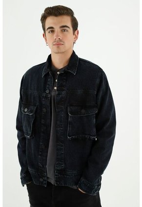 Chaqueta Negra Con Bolsillos Tipo Cargo Para Hombre