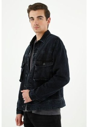 Chaqueta Negra Con Bolsillos Tipo Cargo Para Hombre