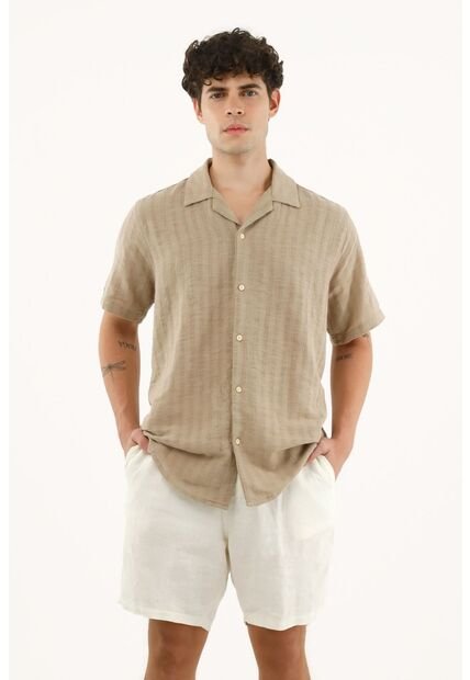 Camisa Café Tipo Bowling Manga Corta Para Hombre