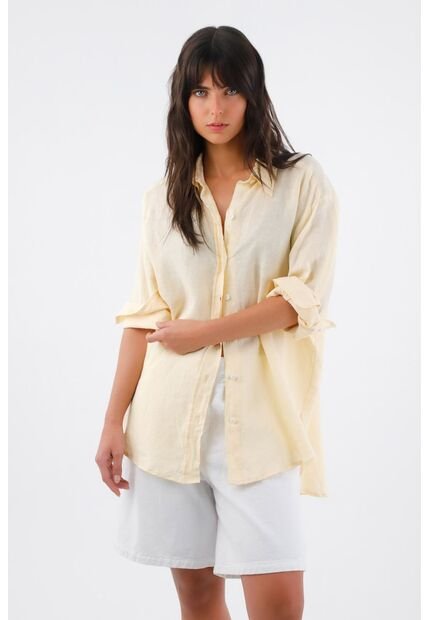 Tennis Camisa Para Mujer En Lino Amarillo Oversize Manga Larga
