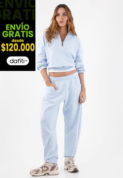 Tennis Buzo Para Mujer En Algodón Azul Cielo Fit Relajado Con Media Cremallera