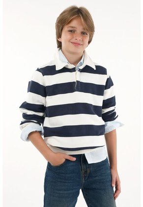 Buzo Tipo Polo Azul Con Estampado De Rayas Para Niño