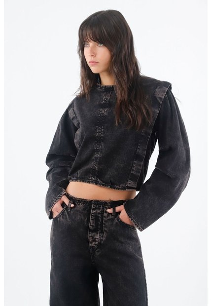 Tennis Camisa Para Mujer En Algodón Negro Lavado Relajado Con Hombros Marcados