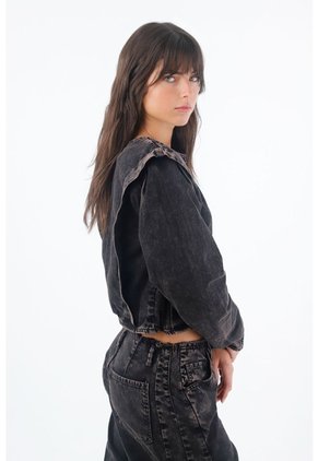 Tennis Camisa Para Mujer En Algodón Negro Lavado Relajado Con Hombros Marcados