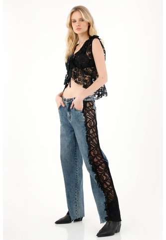 Tennis Jean Wide Leg Con Encaje En Contraste Para Mujer Tennis