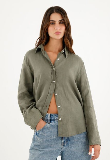 Camisa Verde En 100% Lino Manga Larga Para Mujer