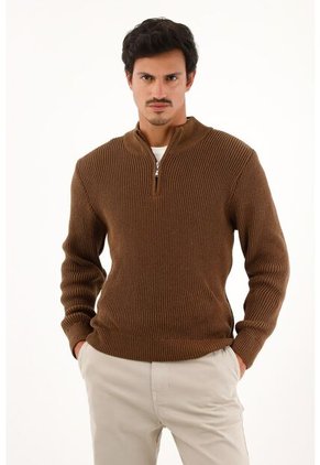 Buzo Café De Cuello Alto Con Cierre Para Hombre