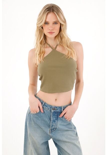 Tennis Camiseta Crop Cuello Halter Verde Para Mujer