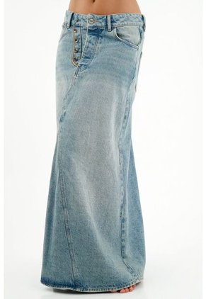 Falda Larga En Denim Azul Para Mujer