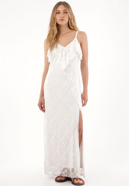 Vestido Largo En Encaje Con Escote En V Crudo Para Mujer