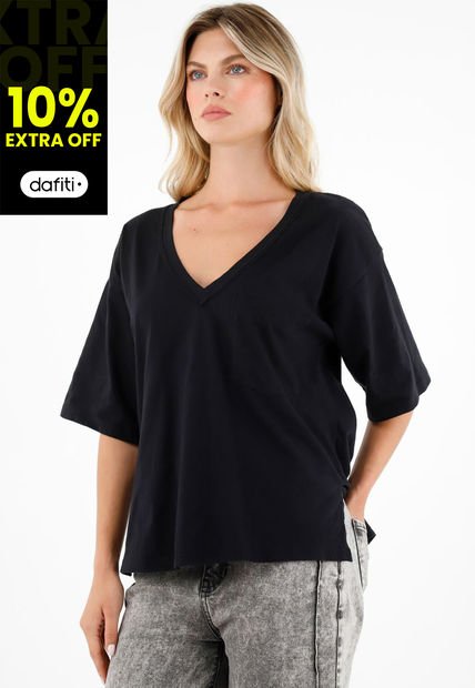 Camiseta Negra Cuello V Para Mujer