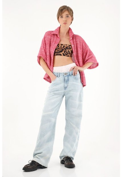 Camisa Rosada En Tela Tipo Tweed Para Mujer