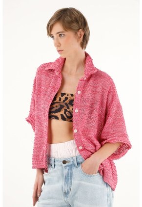 Camisa Rosada En Tela Tipo Tweed Para Mujer