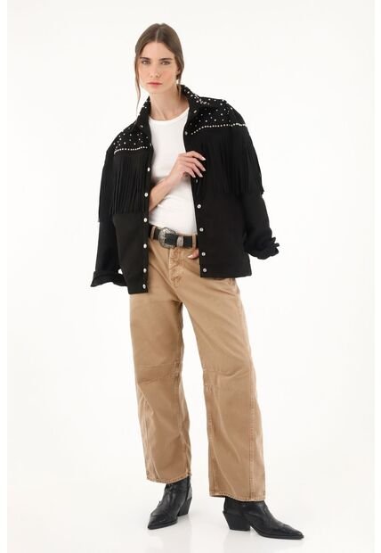 Chaqueta Con Flecos Y Taches Negra Para Mujer